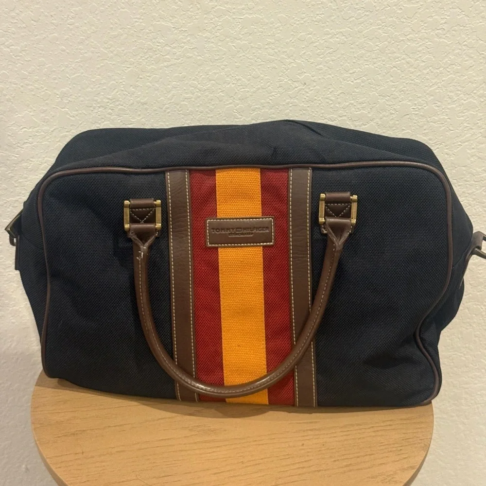 Tommy Hilfiger Vinatge Navy Blue Duffel Bag with Red and Yellow Stripes